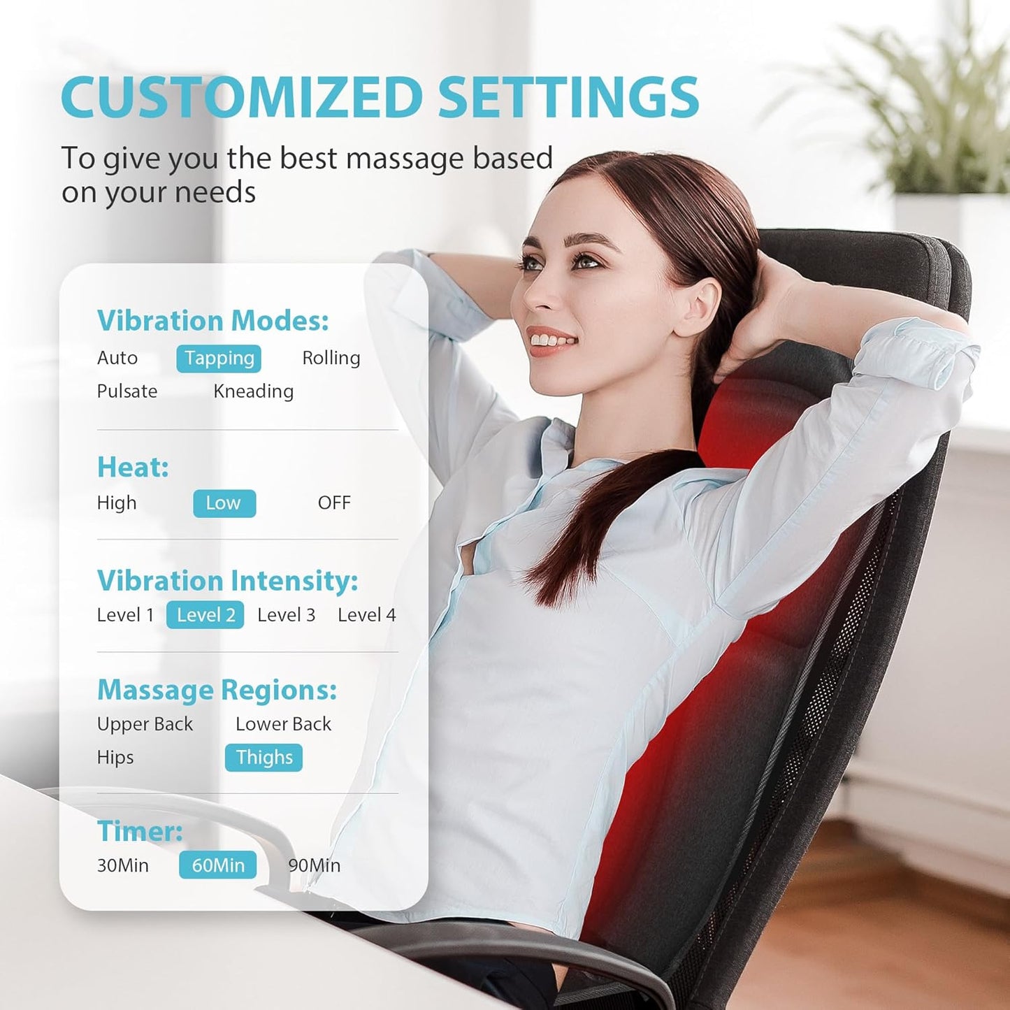 Back Massager Chair Pad, Massage Seat Cushion, Back Massage with Heat, 4 Vibration Intensities & 2 Heat Levels,Electric Massager Pain Relief,Ideal Gifts for Dad,Mom,Women,Men