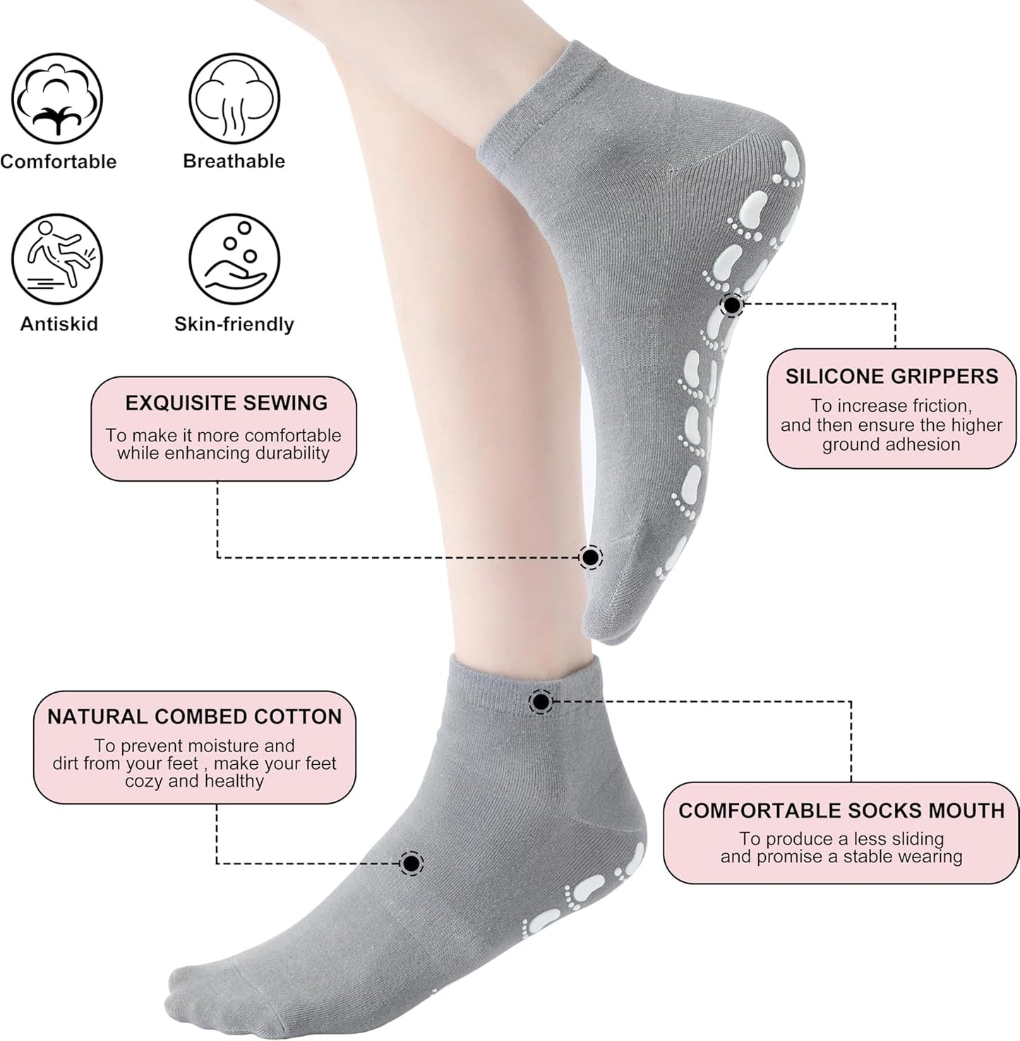 Pilates Socks with Grips for Women, Non Slip Socks for Yoga, Barre, Hospital, Barefoot Workout