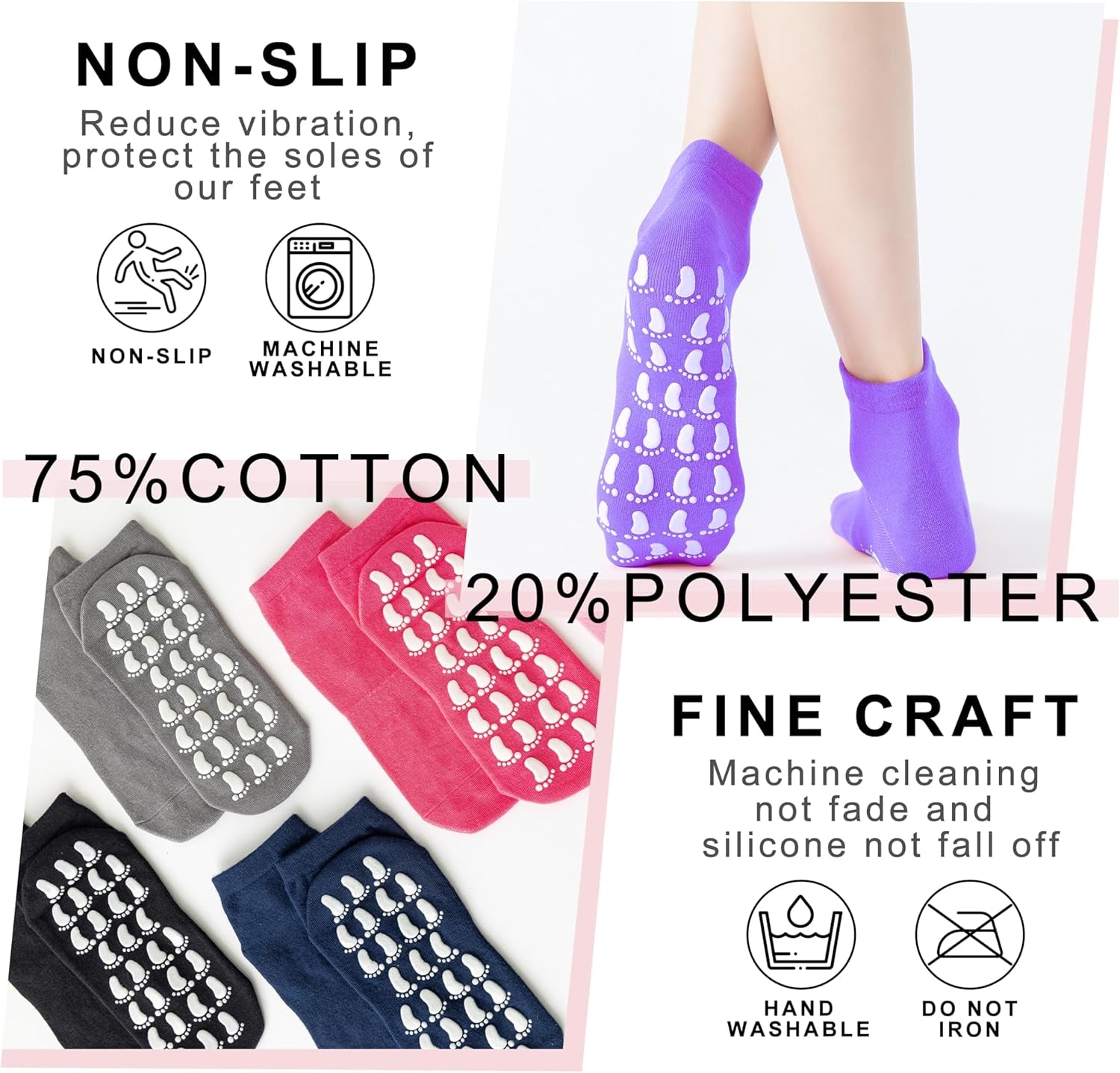 Pilates Socks with Grips for Women, Non Slip Socks for Yoga, Barre, Hospital, Barefoot Workout