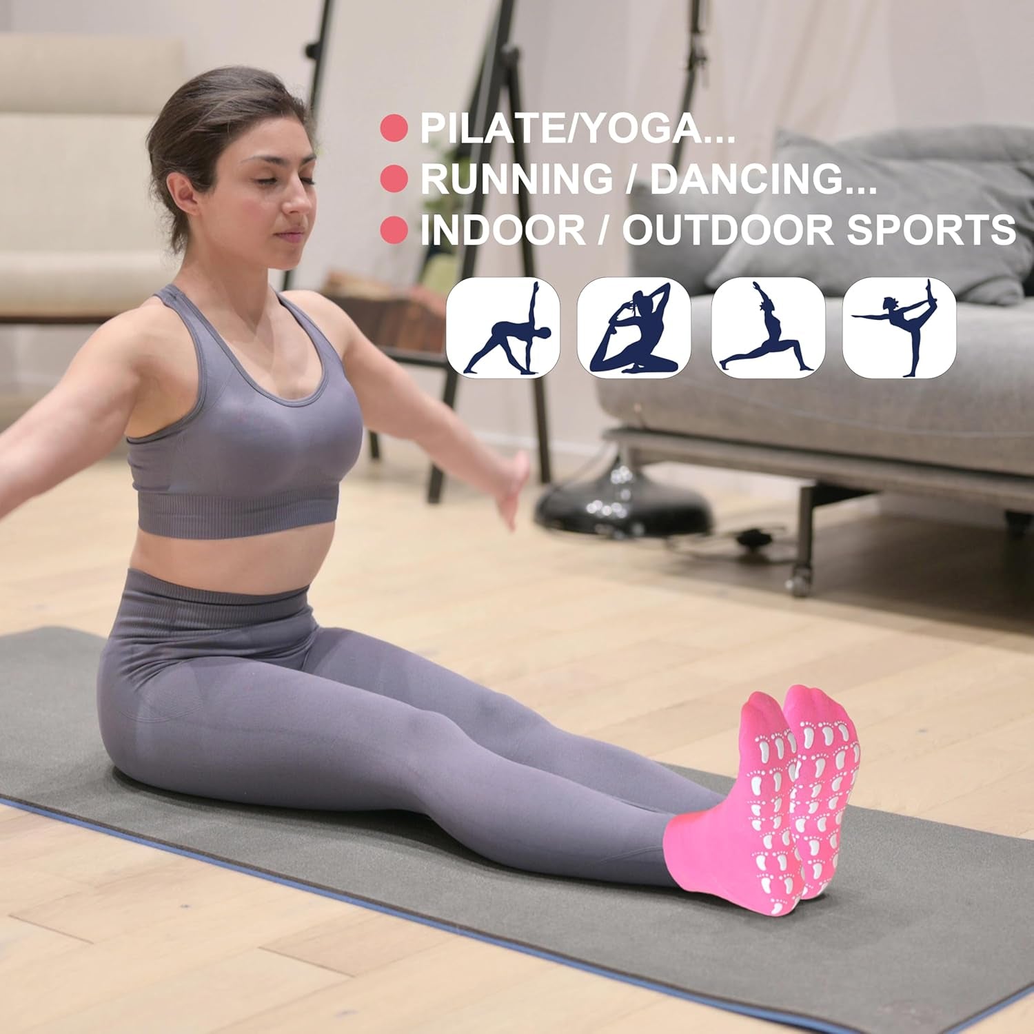 Pilates Socks with Grips for Women, Non Slip Socks for Yoga, Barre, Hospital, Barefoot Workout